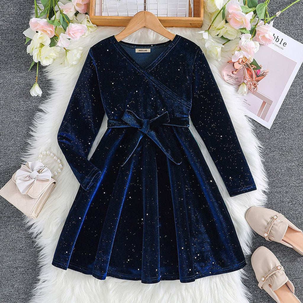 Girls Blue Sparkle Fit & Flare Full Sleeves Party Dress Party Dresses Blue 5-6 Y 