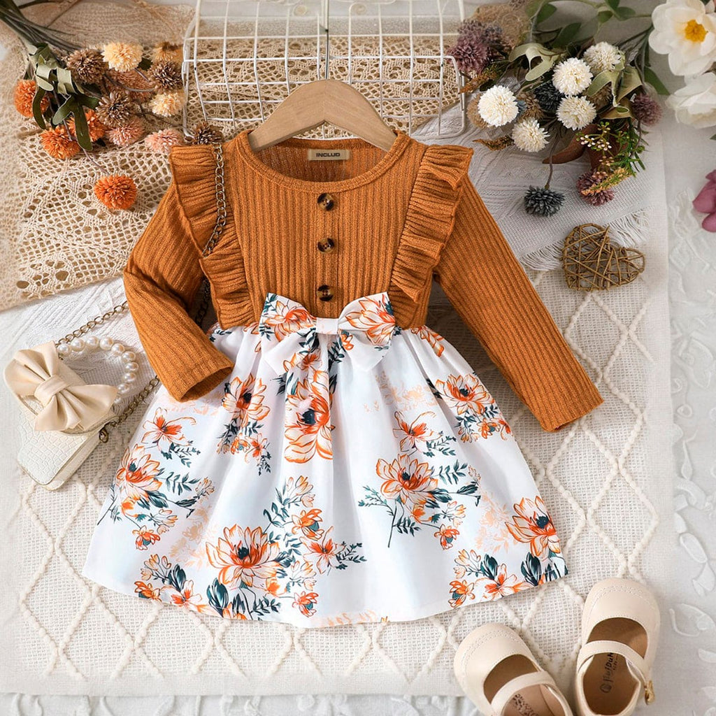 Girls Light Brown Flower Print Fit & Flare Dress Casual Dresses Light Brown 6-9 M 