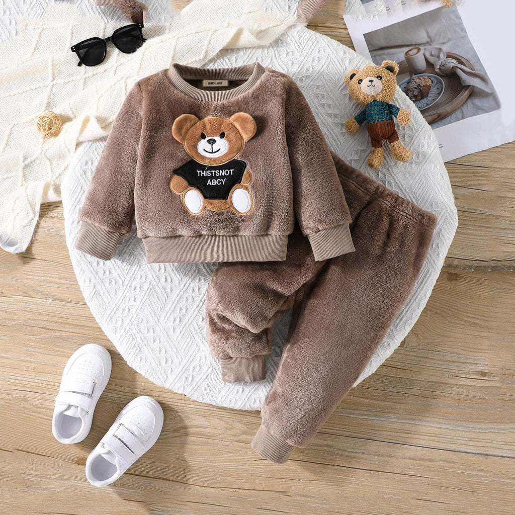 Boys Brown Patchwork Full Sleeves Sweatshirt with Trouser Set Sets Brown 6-9 M 