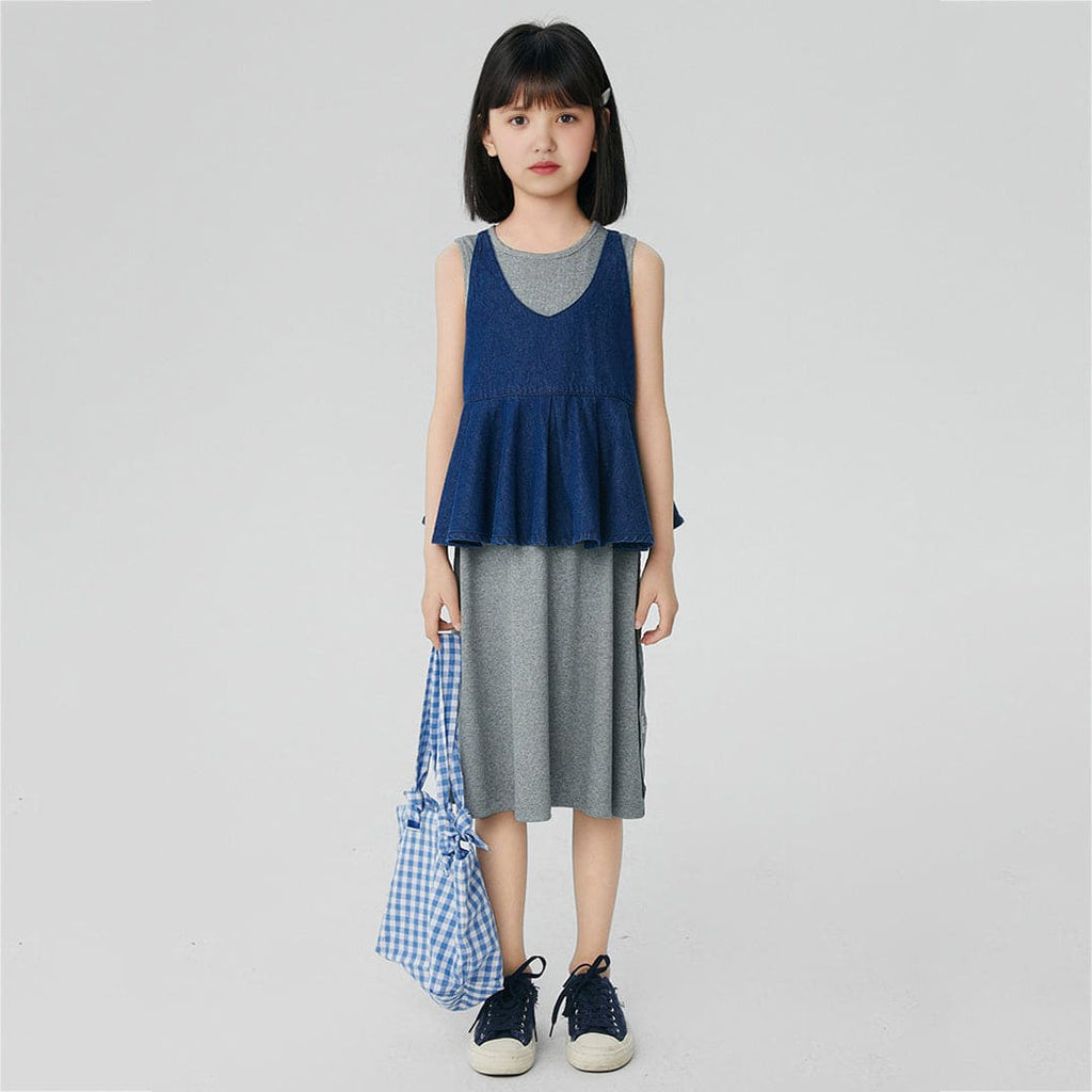 Girls Blue Solid T-Shirt Dress With Peplum Top Casual Dresses Blue 5-6 Y 