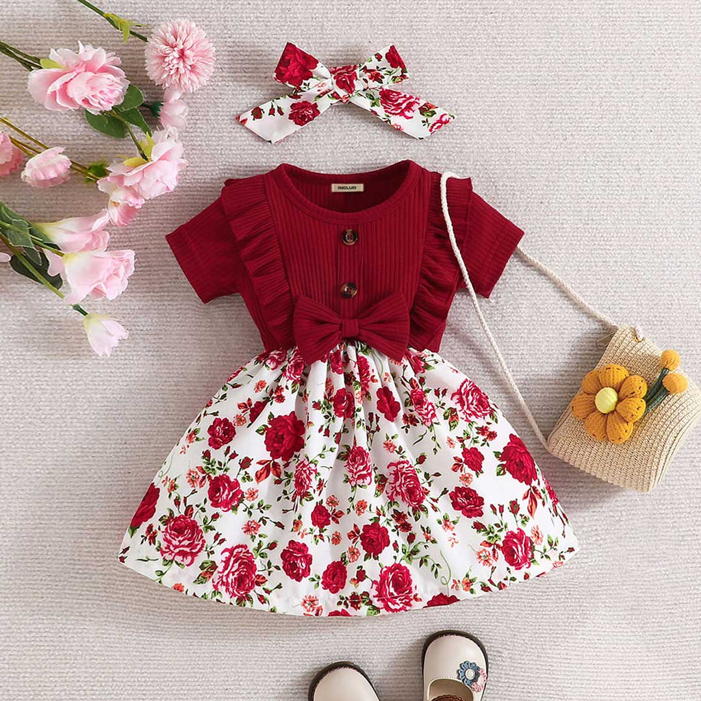 Girls Maroon Floral Print Short Sleeves Causal Dress Casual Dresses Maroon 0-3 M 