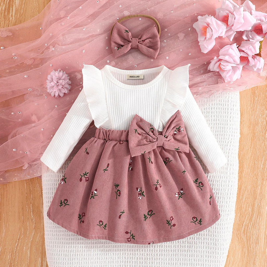 Girls Pink Long Sleeve Printed Corduroy Dresses With Bow Casual Dresses Pink 3-6 M 