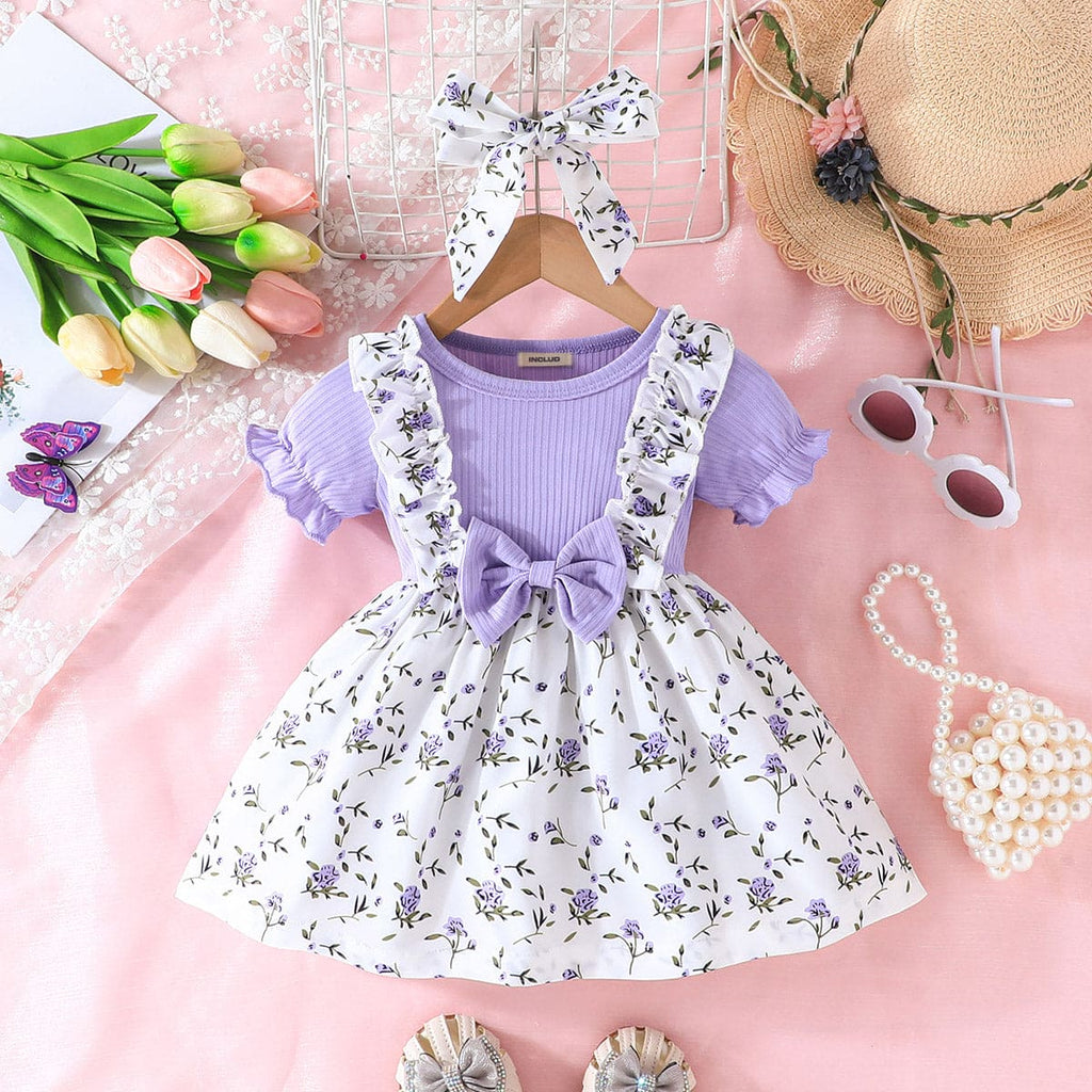 Girls Purple Floral Print Short Sleeve Dress With Bow Casual Dresses Purple 3-6 M 