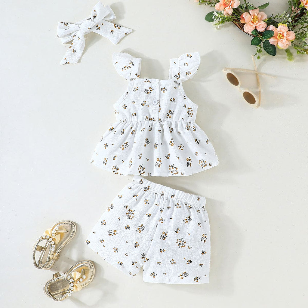 Girls White Printed Flared Sleeves Top with Shorts Set Sets White 6-9 M 