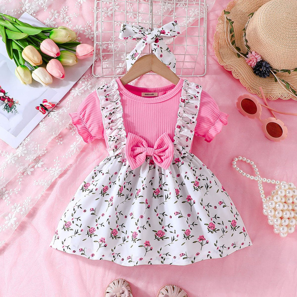 Girls Pink Floral Printed Short Sleeve Dress Casual Dresses Pink 6-9 M 