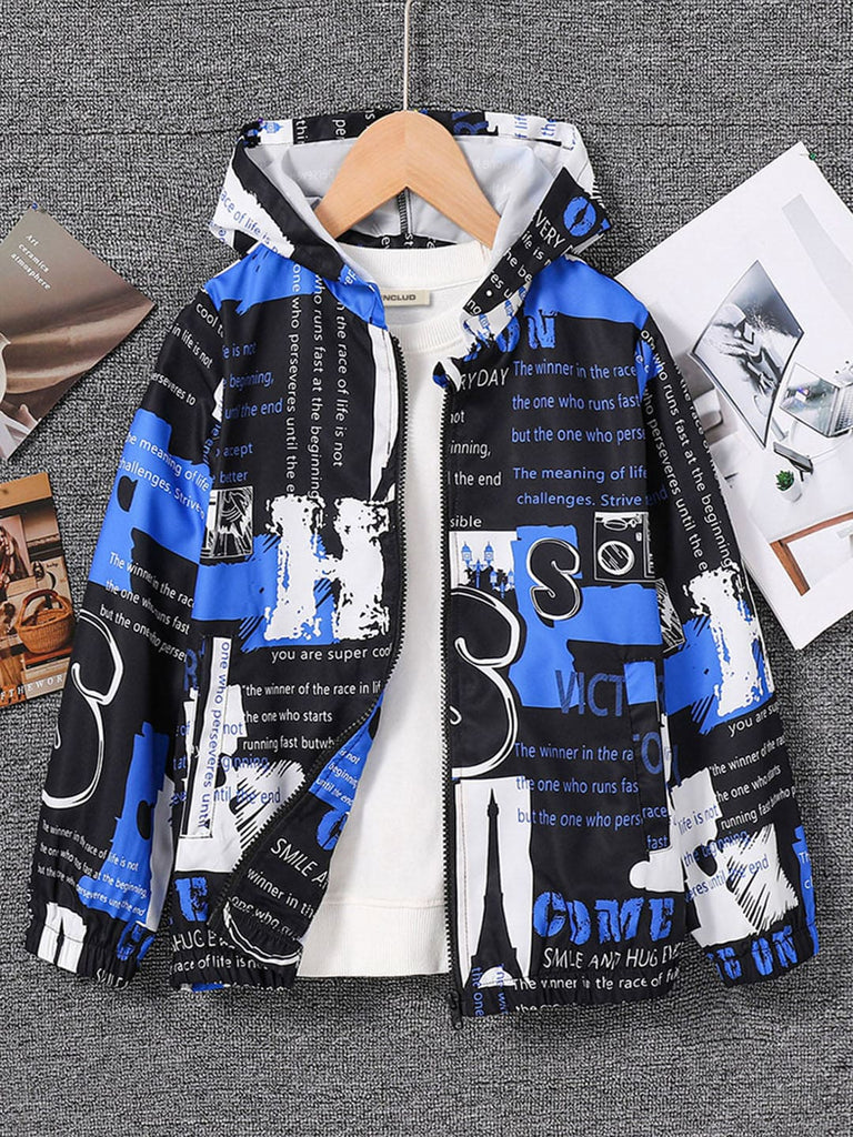 Boys Black Overall Printed Full Sleeves Hooded Jackets Coats & Jackets Black 8-9 Y 