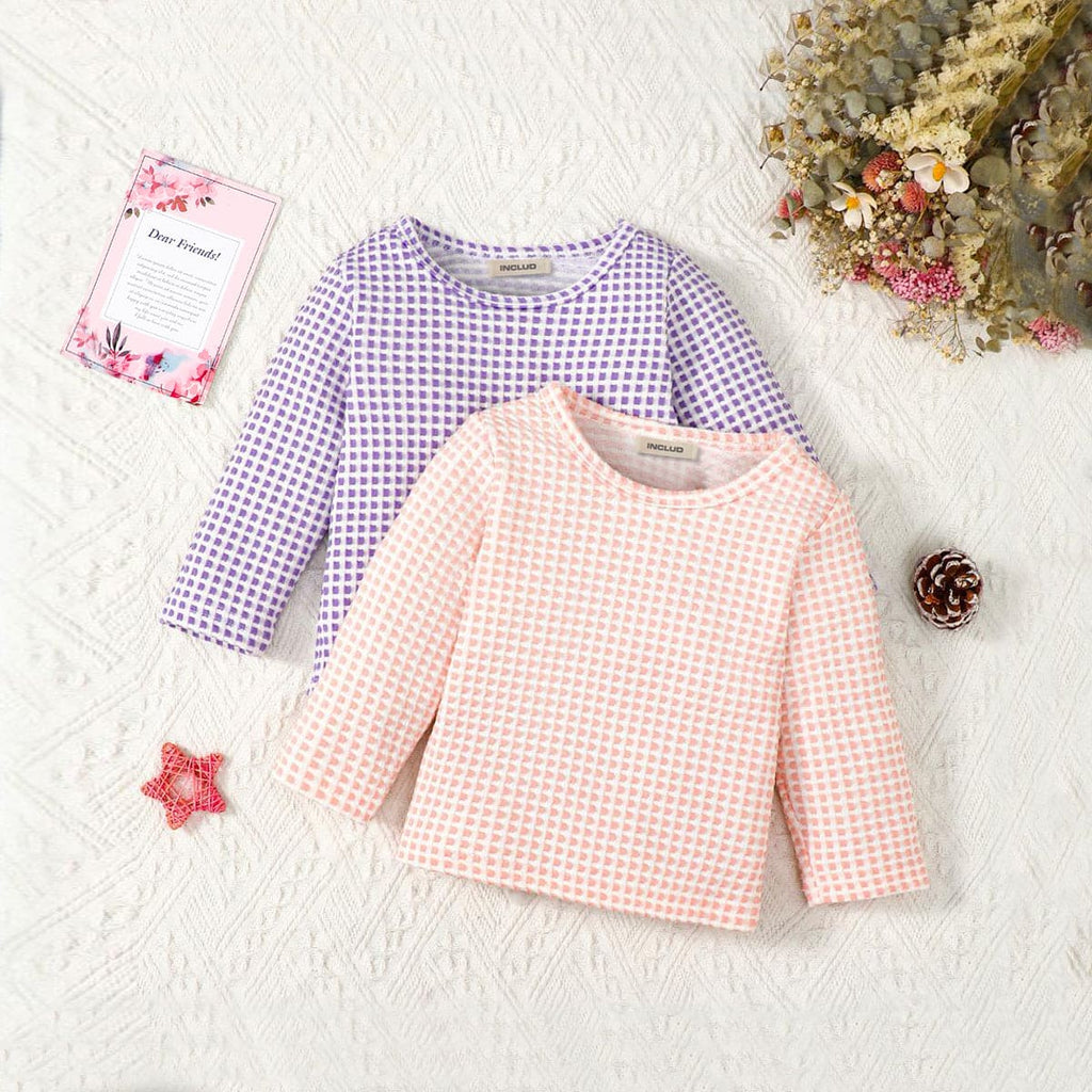 Girls Pink Printed Full Sleeves Winterwear Top (Pack Of 2) Tops Pink 6-9 M 