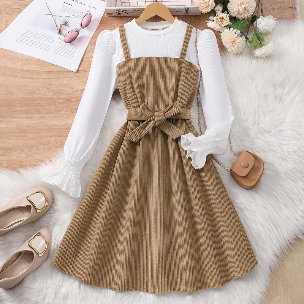 Girls Khaki Puff Sleeves Fit & Flare Dress Casual Dresses Khaki 8-9 Y 