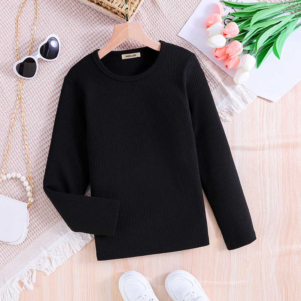 Girls Black Knitted Full Sleeves T-shirt Tops Black 5-6 Y 