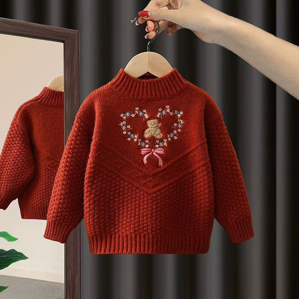 Girls Red Flower Embroidery High Neck Sweater Sweaters & Cardigans Red 3-4 Y