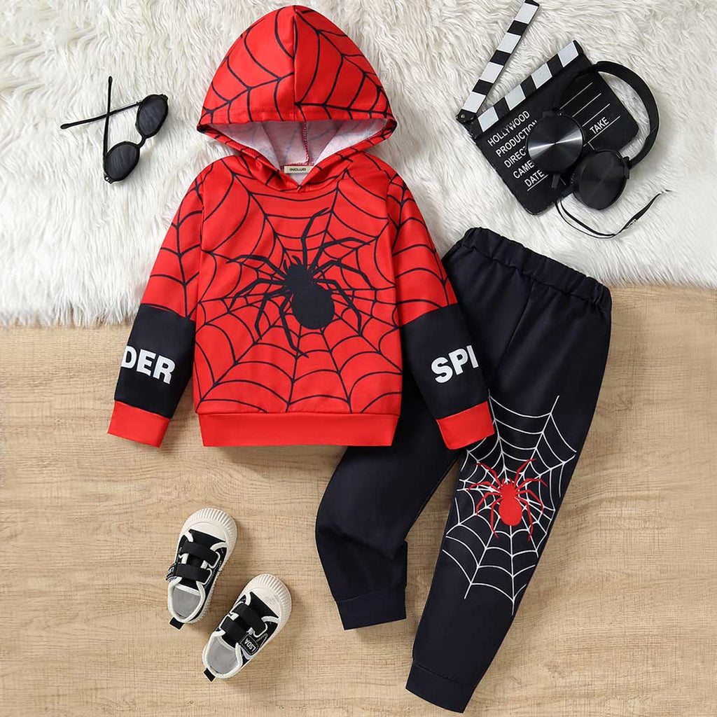 Boys Red Spider Print Halloween Full Sleeves Hooded Sweatshirt with Trouser Set Sets Black 4-5 Y 