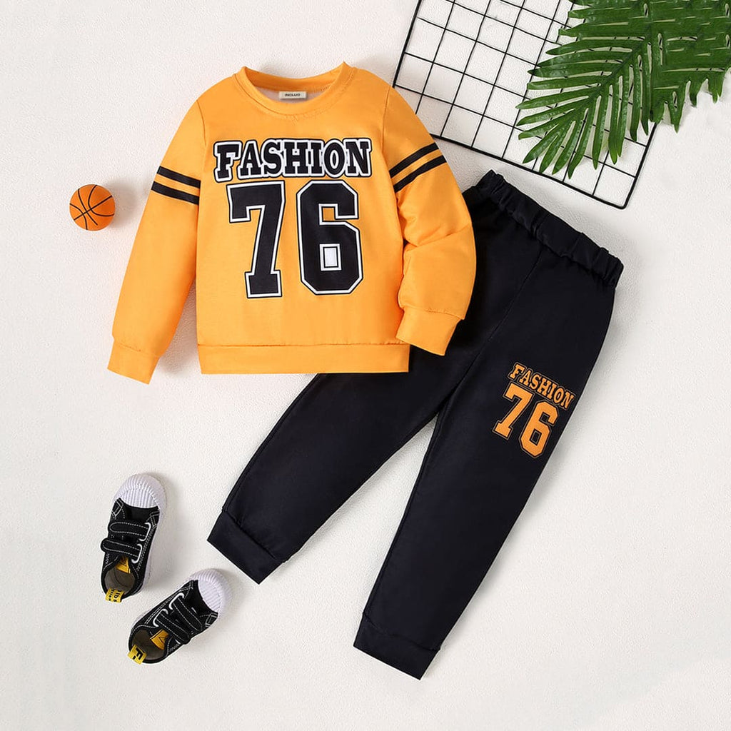 Boys Yellow Printed Full Sleeves Sweatshirt with Trouser Set Sets Yellow 4-5 Y 