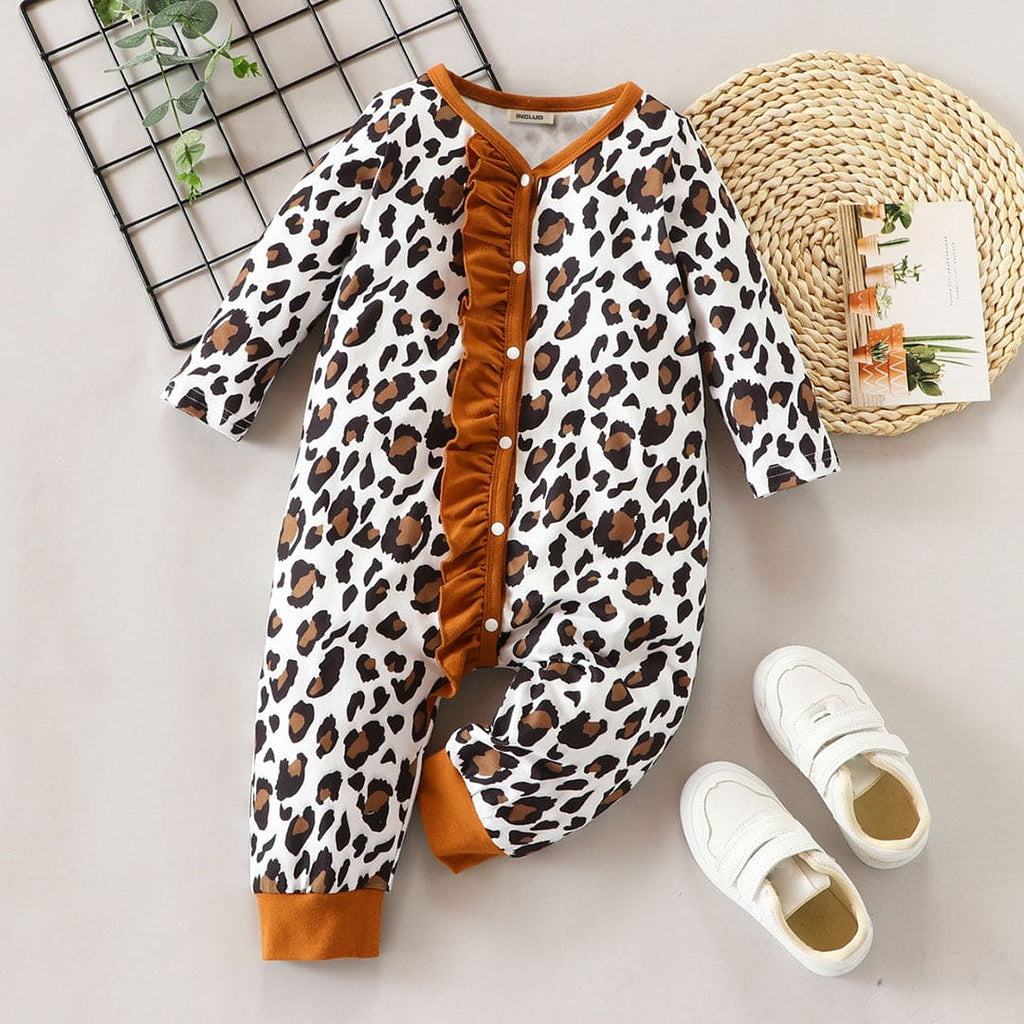 Boys Leopard Print Full Sleeves Jumpsuit Jumpsuits Brown 0-3 M 