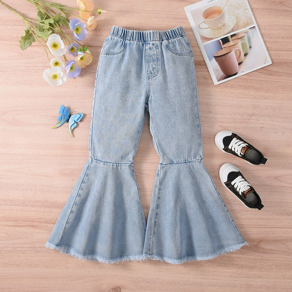 Girls Blue Solid Flared Denim Trousers Jeans Blue 7-8 Y