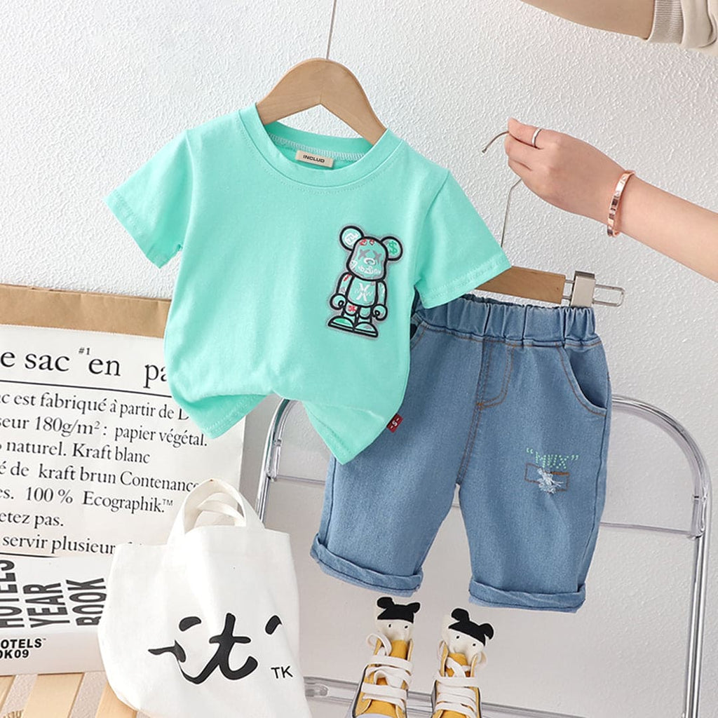 Boys Green Graphic Print Short Sleeves T-shirt with Shorts Set Sets Green 1-2 Y