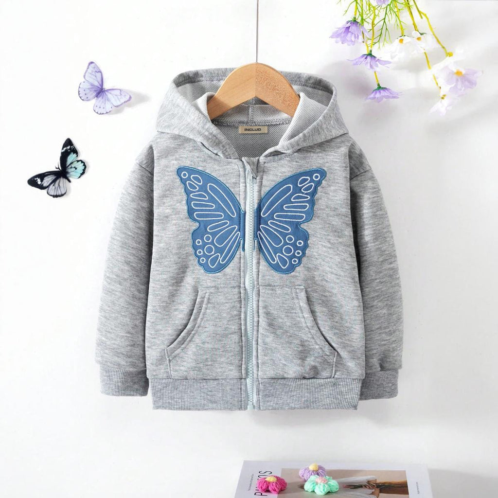 Girls Grey Melange Hooded Zipper Jacket with Butterfly Patch Coats & Jackets Gray 3-4 Y 