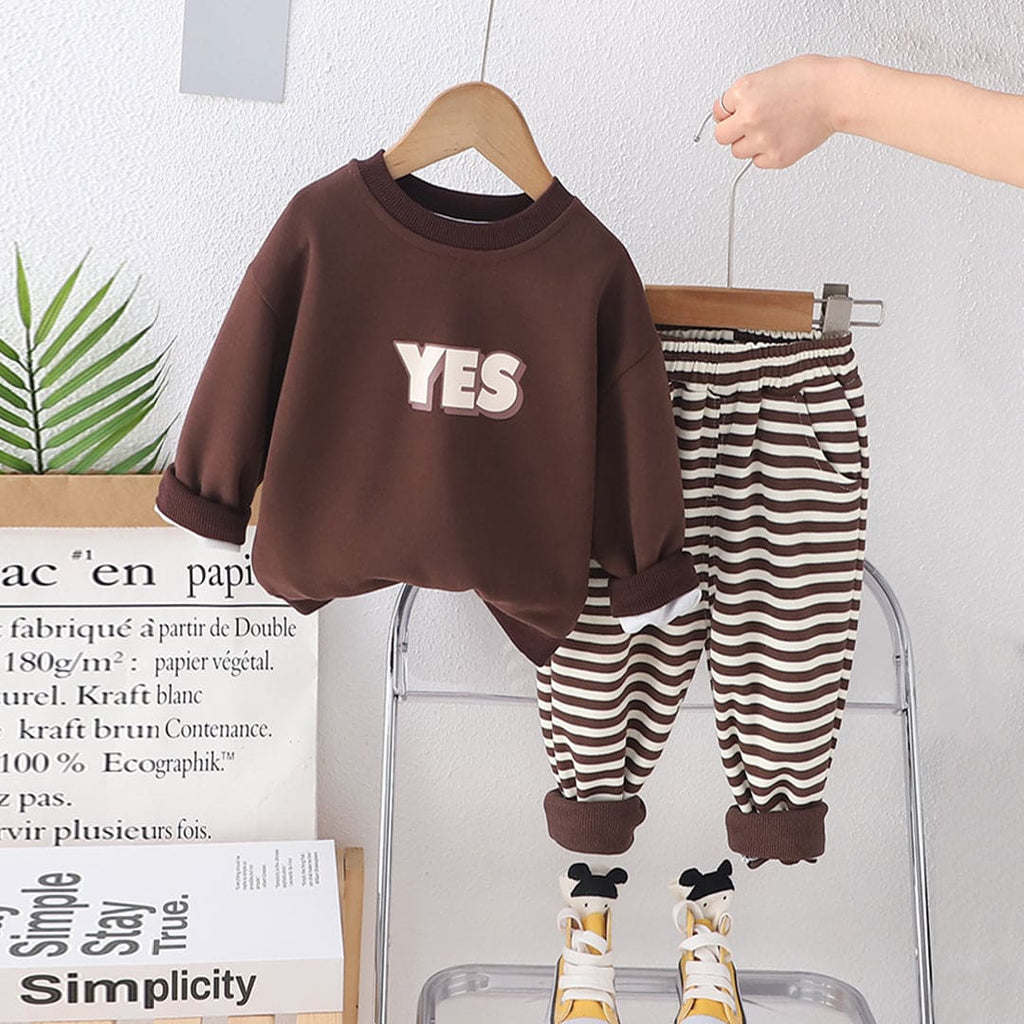 Boys Beige Full Sleeves Sweatshirt with Striped Trouser Set Sets Brown 9-12 M 
