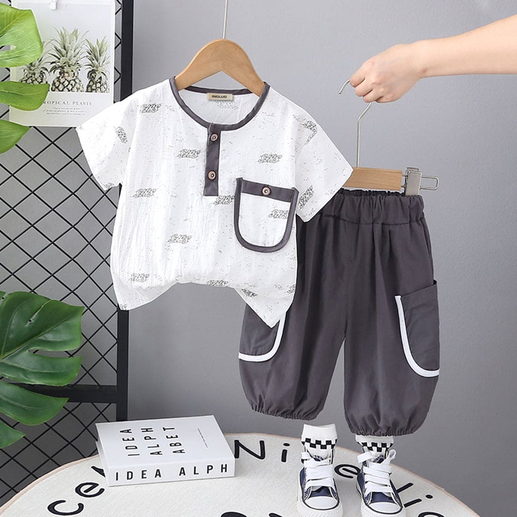 Boys Grey Printed Short Sleeves T-shirt with Trouser Set Sets Gray 9-12 M 
