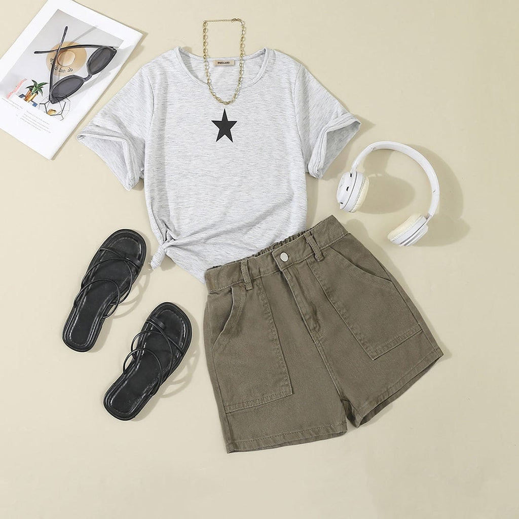 Girls Grey Short Sleeves T-shirt with Shorts Set Sets Gray 13-14 Y 