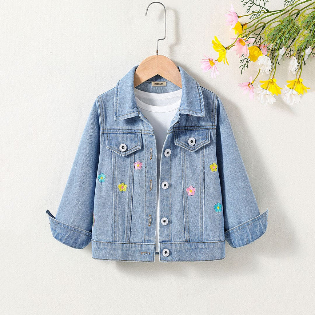 Girls Flower Embroidered Full Sleeves Denim Jacket Coats & Jackets Blue 4-5 Y 