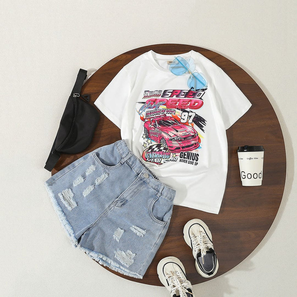 Boys White Graphic Print Shorts Sleeves T-shirt with Mildly Distress Shorts Set Sets White 8-9 Y 