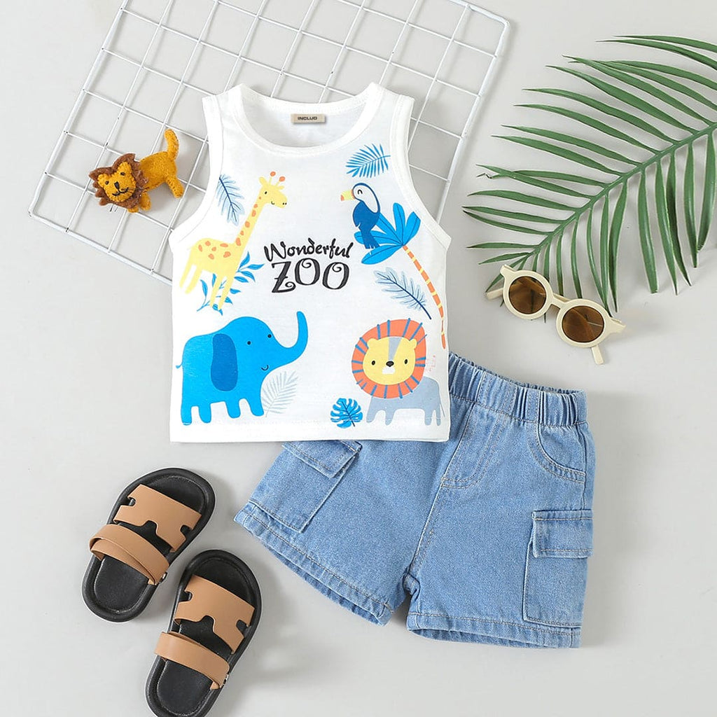 Boys White Graphic Print Sleeveless Vest with Denim Shorts Set Sets Blue 6-9 M 