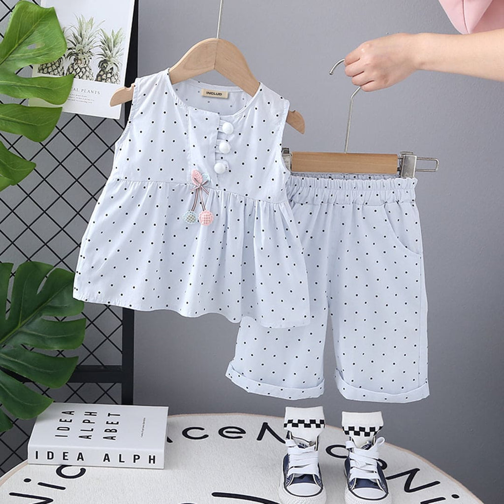 Girls Blue Polka Dot Print Sleeveless Top with Shorts Set Sets Blue 1-2 Y