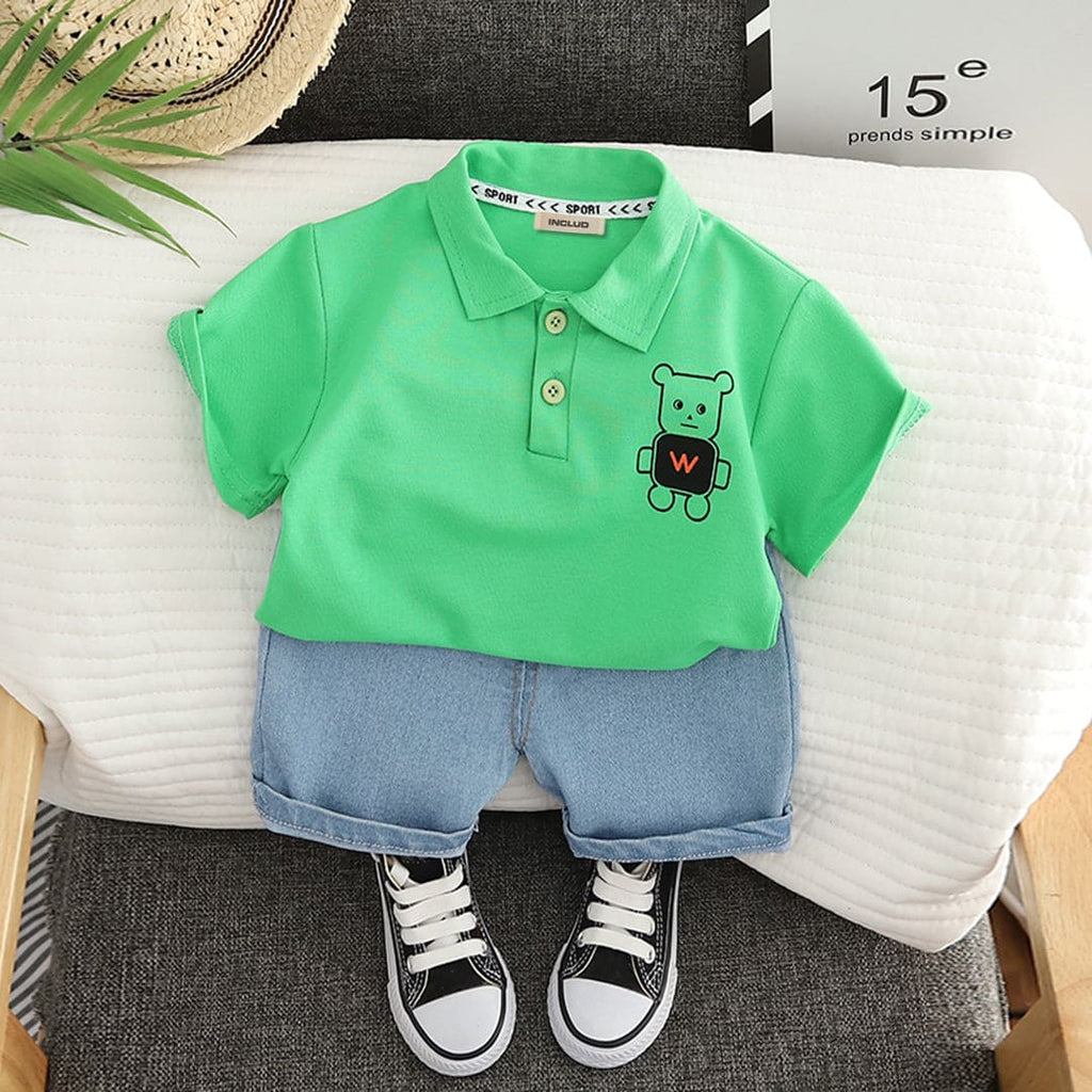 Boys Green Short Sleeves T-shirt With Denim Shorts Set Sets Green 1-2 Y