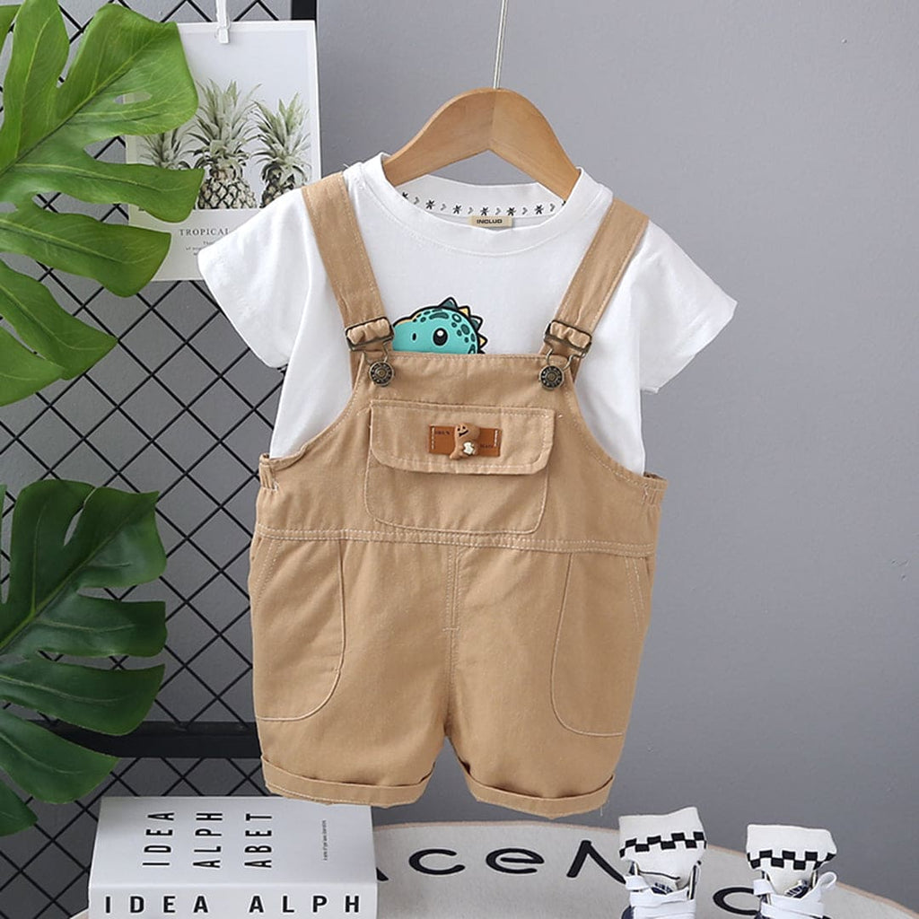 Boys White Dinosaur Print Short Sleeves T-shirt with Dungaree Set Sets White 1-2 Y