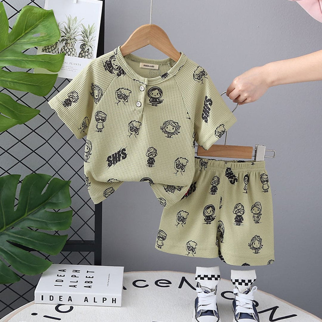 Boys Green Cartoon Printed Short Sleeves T-shirt with Shorts Set Sets Green 1-2 Y