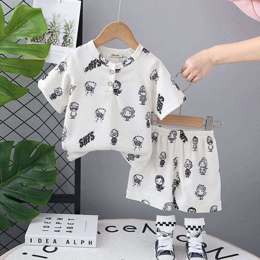 Boys White Cartoon Print T-shirt with Shorts Set Sets White 1-2 Y