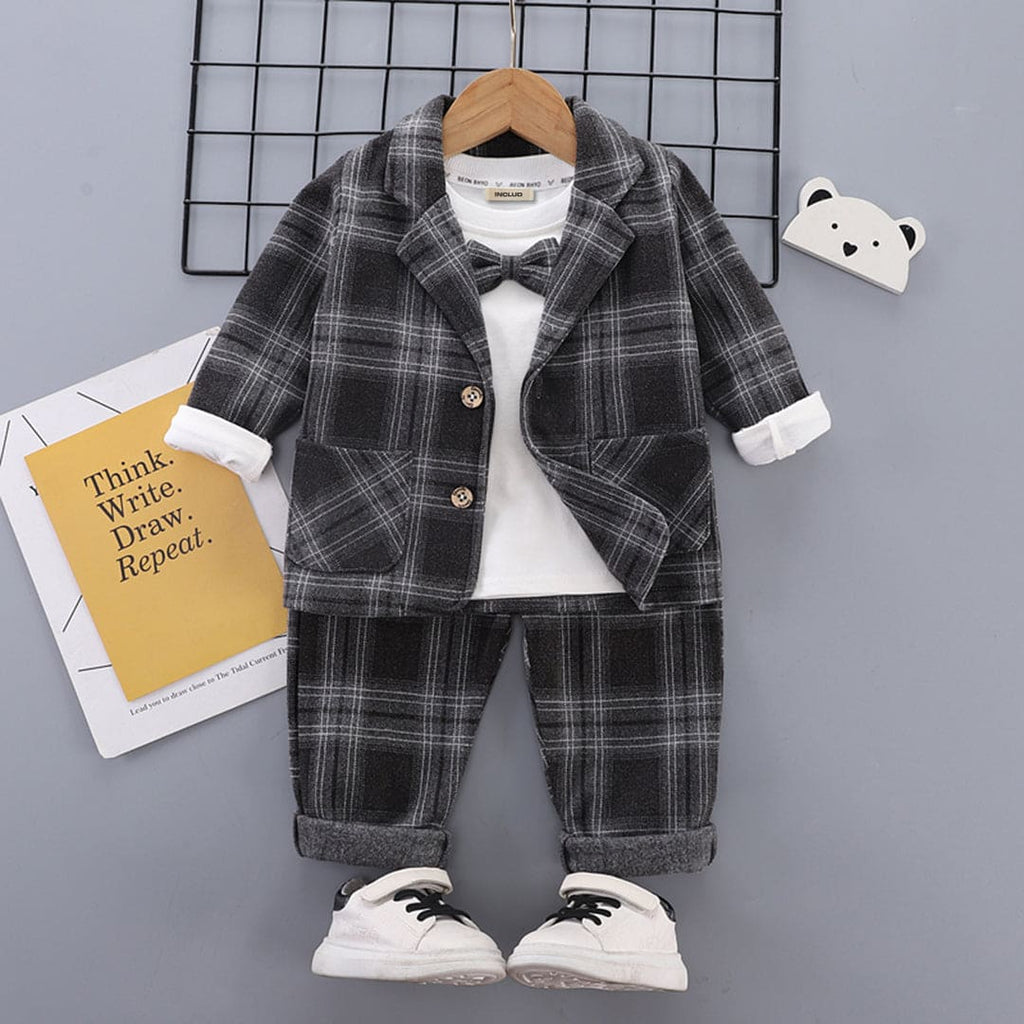 Boys Grey Checkered Print Waistcoat with T-shirt & Pants Set Sets Grey 1-2 Y