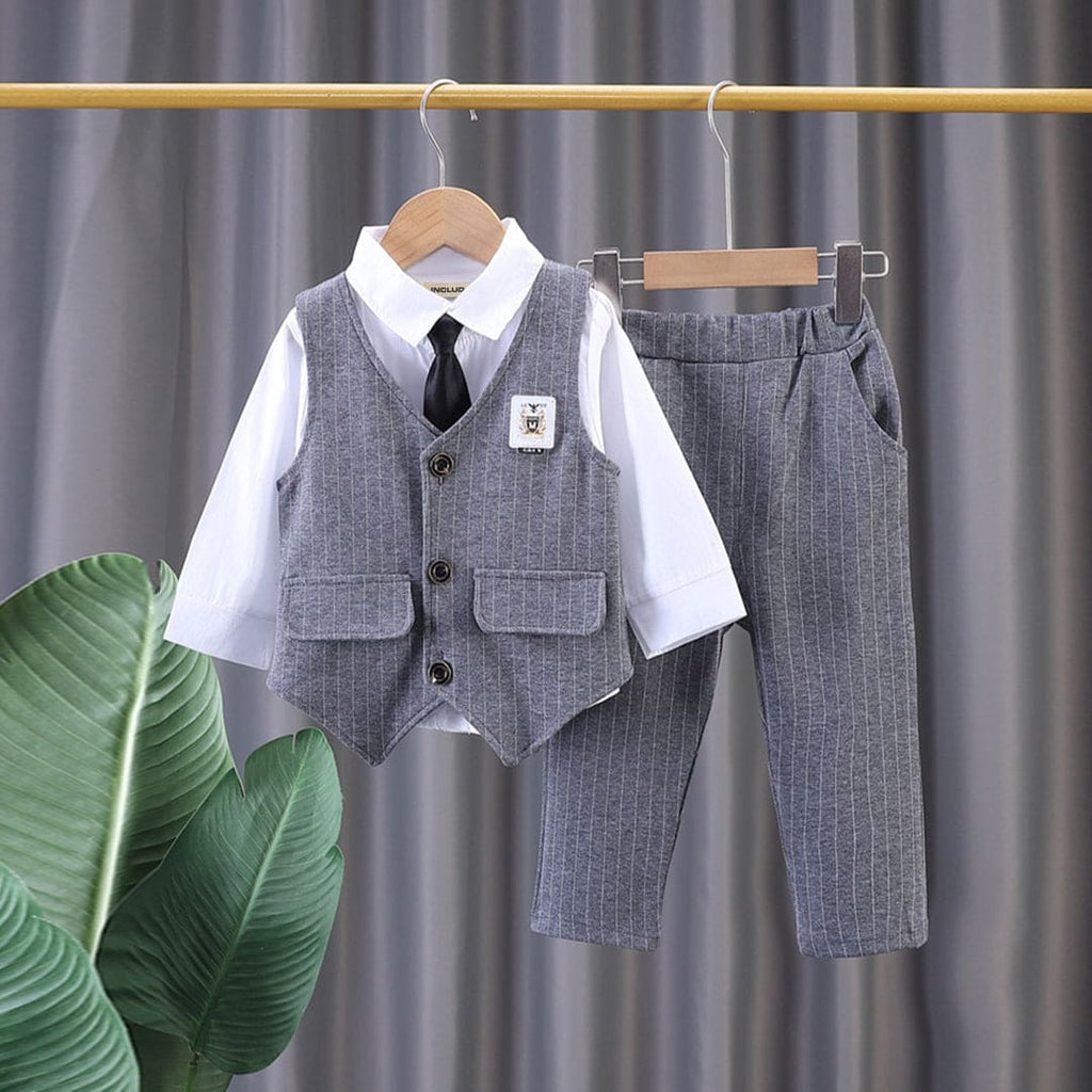 Boys Grey Striped Party Wear 3PC Party Wear Set Sets Grey 1-2 Y