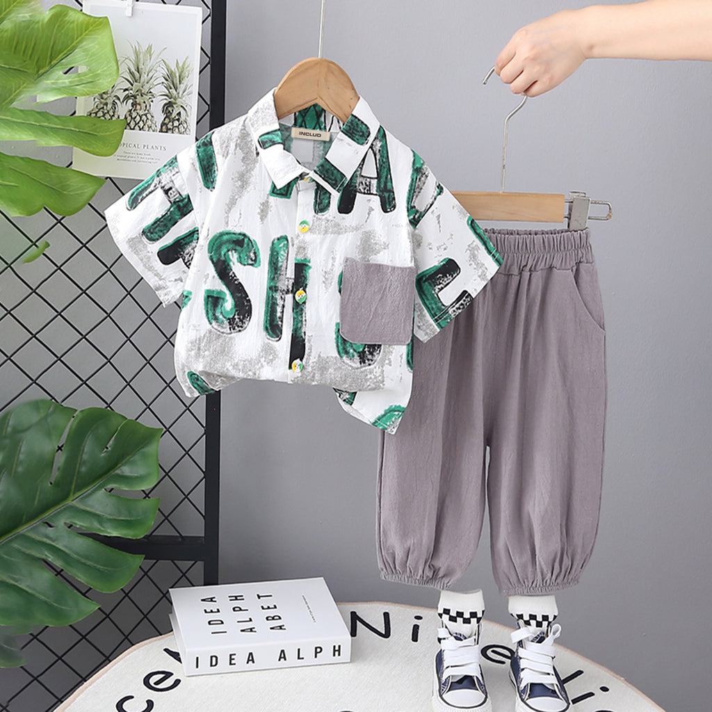 Boys Green Printed Short Sleeves Shirt with Pants Set Sets Green 1-2 Y