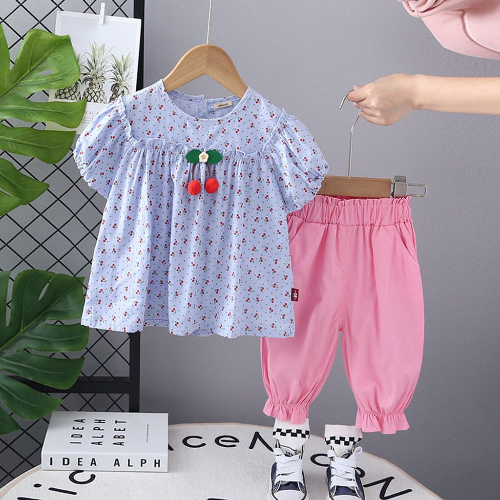 Girls Purple Cherry Printed Puff Sleeves Top with Pants Set Sets Purple 1-2 Y