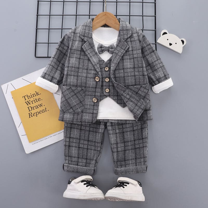 Boys Grey Checkered Print 3Pc Party Wear Sets Sets Grey 1-2 Y