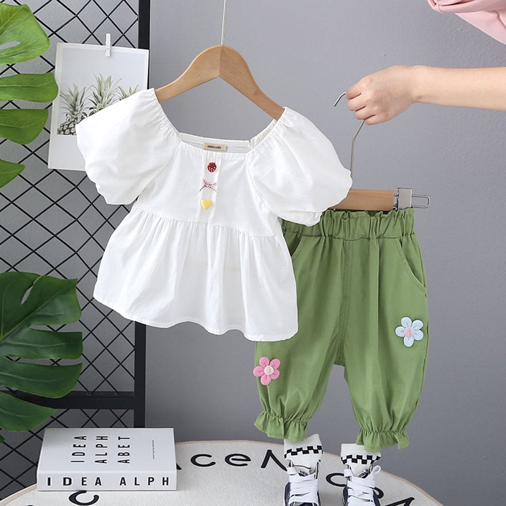 Girls White Puff Sleeves Top with Pants Set Sets White 1-2 Y