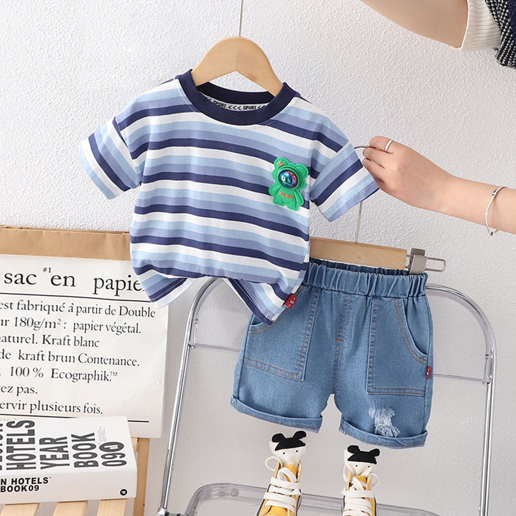 Boys Blue Stripes Short Sleeves T-shirt with Shorts Set Sets Blue 1-2 Y