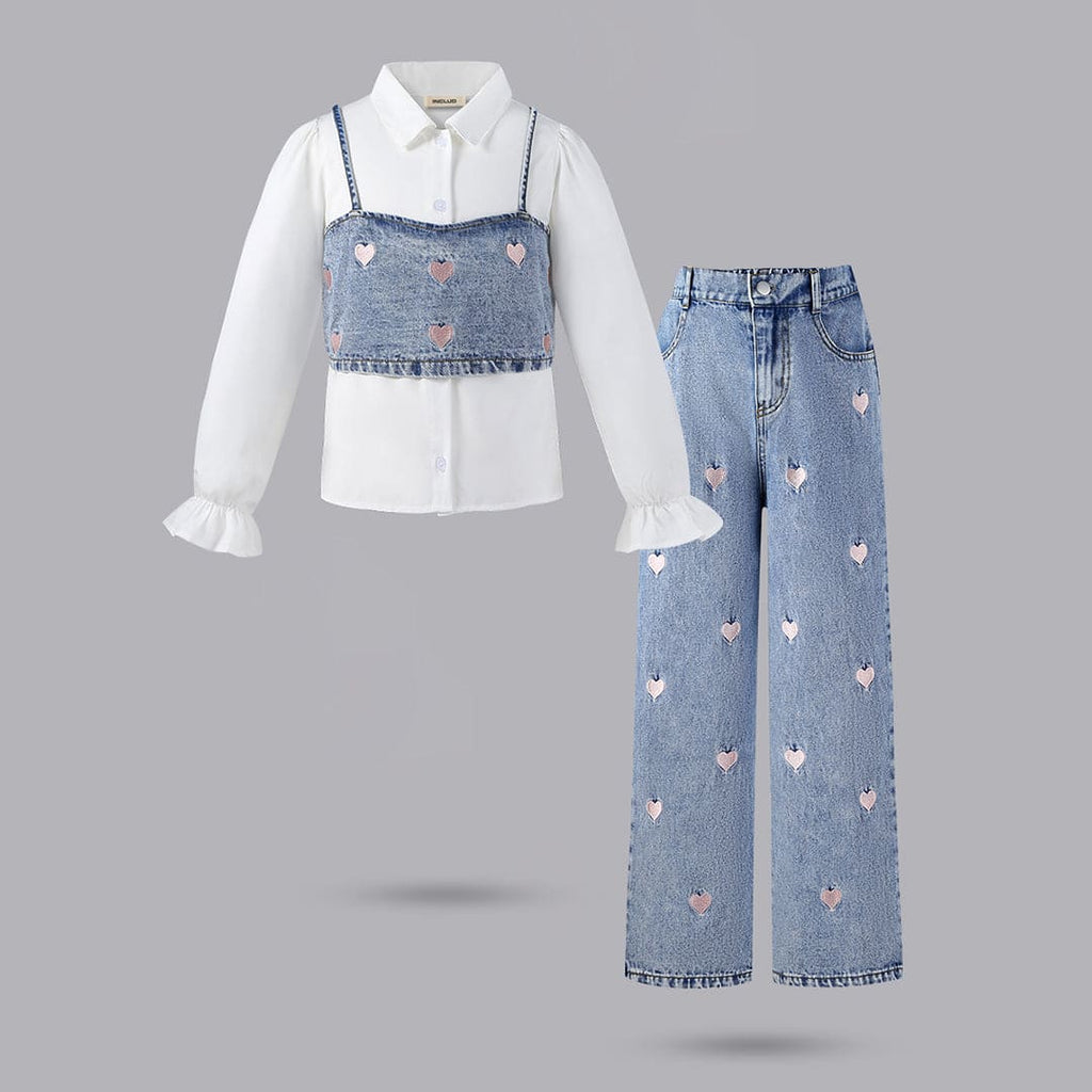Girls Blue Camisole Top With Shirt And Denim Pants Set Sets Blue 8-9 Y