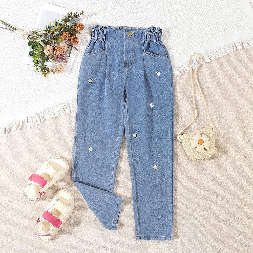 Girls Blue Star Embroidery Elasticated Denim Pants Pants Blue 8-9 Y
