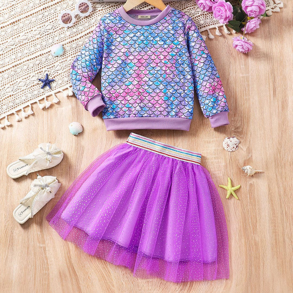Girls Blue Printed Sweatshirt With Skirt Set Sets Blue 3-4 Y 