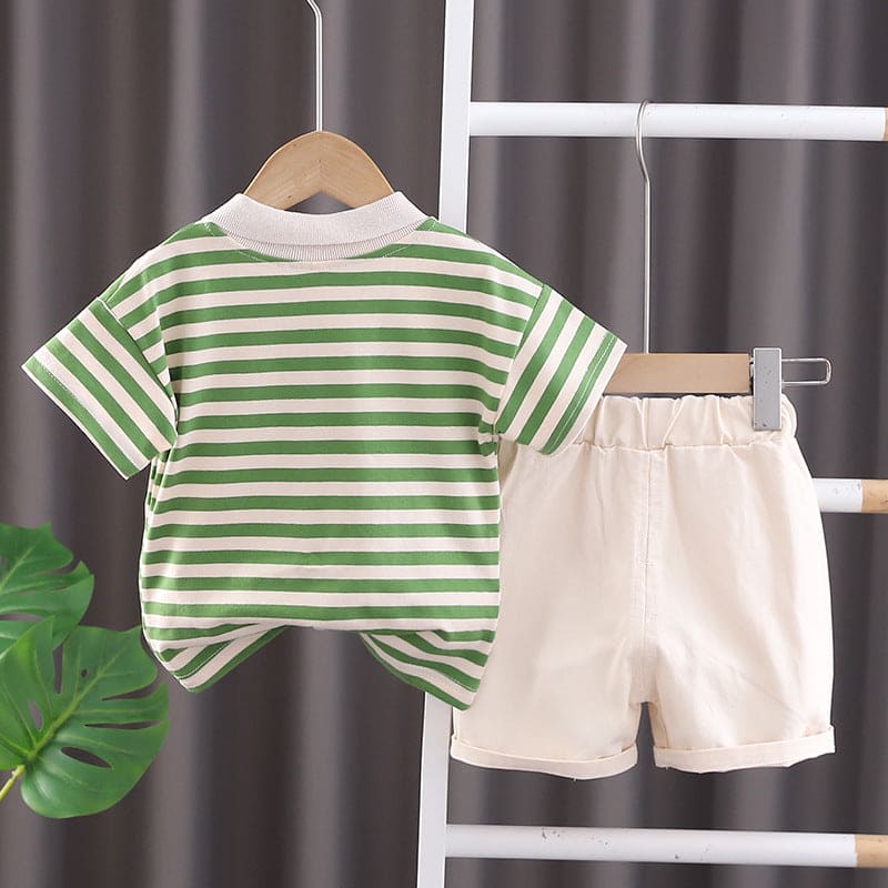 Boys Green Short Sleeve Striped T-Shirt With Elasticated Shorts Sets   