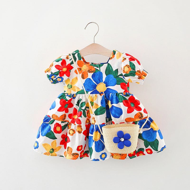 Girls Short Sleeve Floral Print Dress Casual Dresses Blue 1-2 Y 