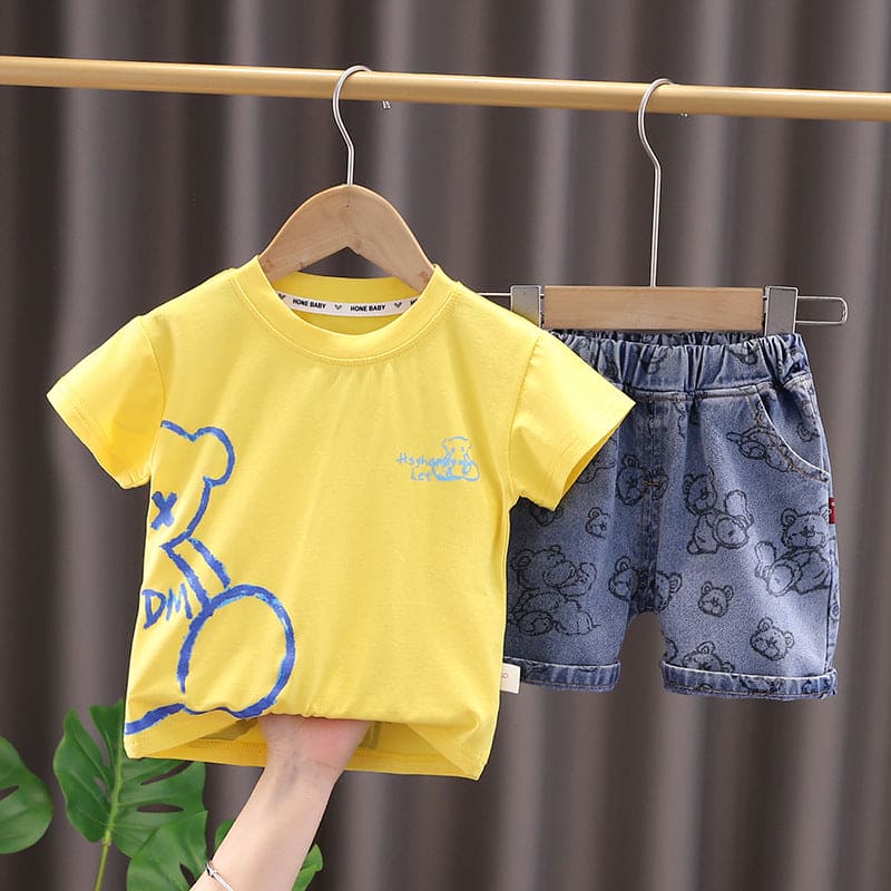 Boys Printed T-shirt with Denim Shorts Set Sets Yellow 1-2 Y 