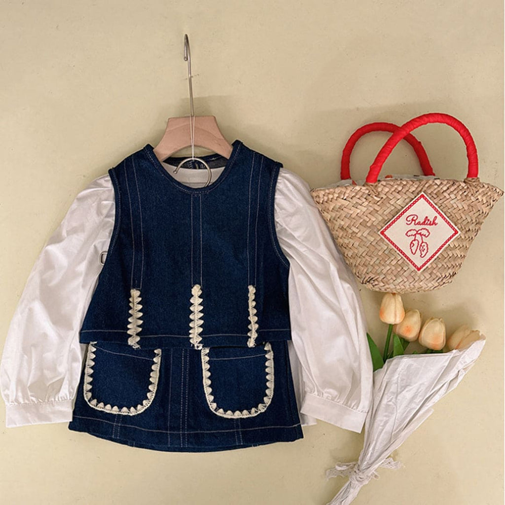 Girls Long Sleeve Top With Sleeveless Denim Jacket & Skirt Sets Blue 2-3 Y 