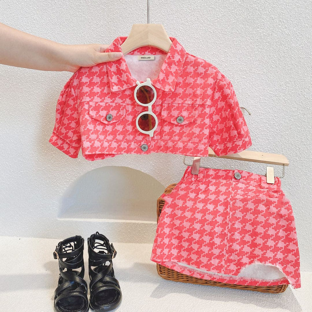 Girls Short Sleeve Printed Jacket With Skirt Sets Pink 2-3 Y 