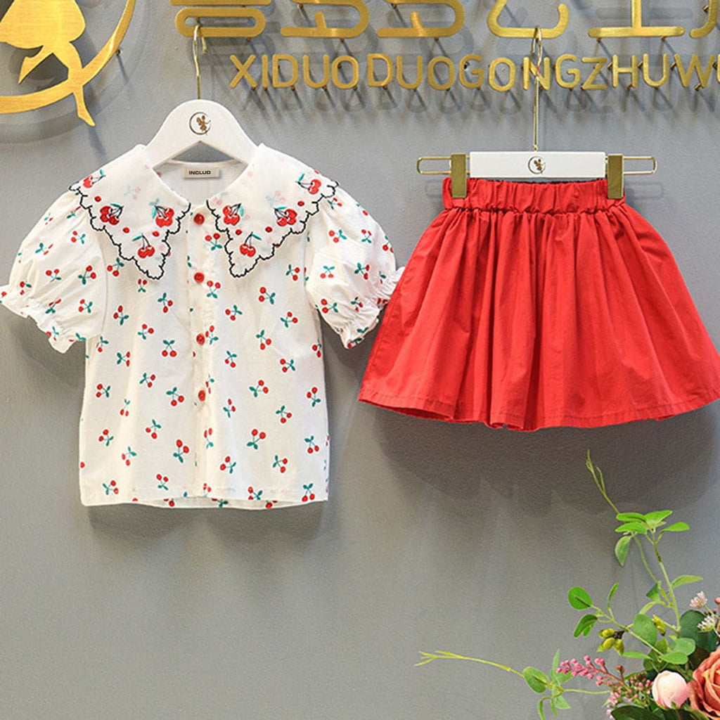 Girls Short Sleeve Cherry Embroidery Top With Skirt Sets Red 2-3 Y 