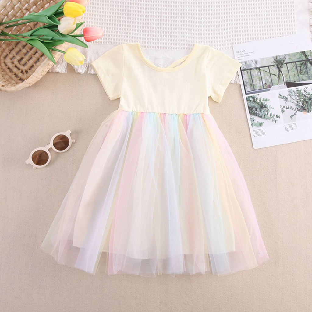 Girls Short Sleeve Rainbow Mesh Dress Casual Dresses Yellow 1-2 Y 