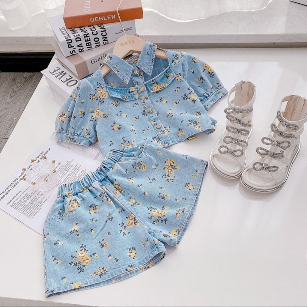 Girls Floral Printed Denim Shirt & Shorts Sets Blue 2-3 Y 