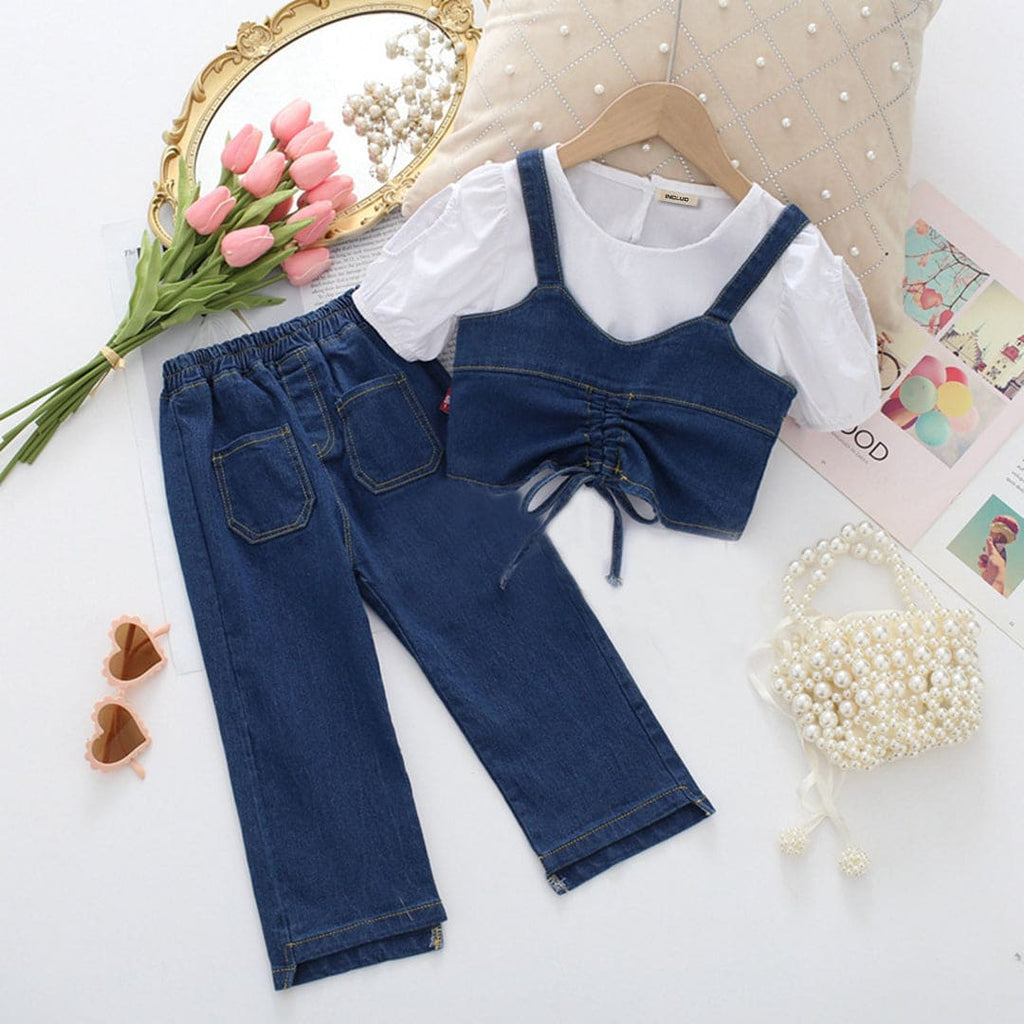 Girls Short Sleeve Top With Denim Top & Denim Trousers Sets Blue 2-3 Y 